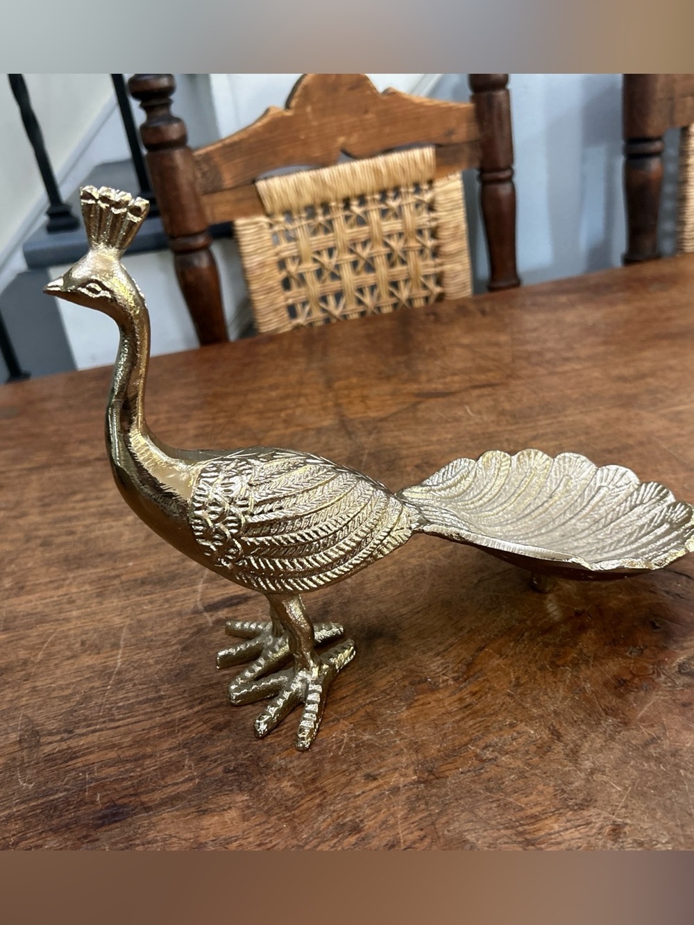 Vintage Gold Brass Peacock Trinket Dish MCM Jewelry Holder, 10x8.5x5 Inches